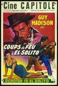 4k059 HARD MAN Belgian '57 cool art of cowboy Guy Madison w/smoking gun, Valerie French!