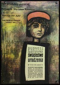 4k378 BIRTH CERTIFICATE Polish 23x32 R79 Stanislaw Rozewicz, great art of sad child!