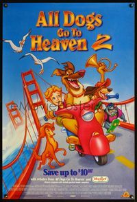 4m105 ALL DOGS GO TO HEAVEN 2 video 1sh '96 canine cartoon, voices of Charlie Sheen & Sheena Easton!