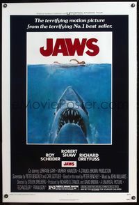4p224 JAWS linen 1sh '75 art of Steven Spielberg's classic man-eating shark attacking sexy swimmer!