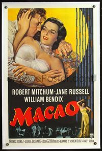 4p255 MACAO linen 1sh '52 Josef von Sternberg, best art of Robert Mitchum & sexy Jane Russell!