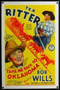 4p393 TAKE ME BACK TO OKLAHOMA linen 1sh '40 great stone litho of Tex Ritter and fiddling Bob Wills!