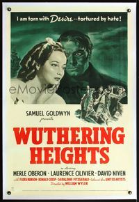 4p458 WUTHERING HEIGHTS linen 1sh '39 Laurence Olivier is torn with desire for Merle Oberon!