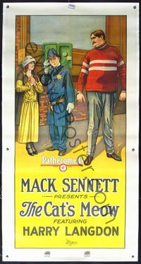 4r073 CAT'S MEOW linen 3sh '24 stone litho of cop Harry Langdon w/girl & giant man, Mack Sennett