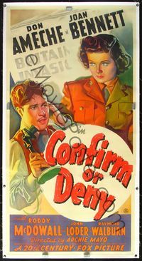 4r075 CONFIRM OR DENY linen 3sh '41 art of Don Ameche on phone & operator Joan Bennett in uniform!