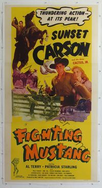 4r081 FIGHTING MUSTANG linen 3sh '48 great image of cowboy Sunset Carson on his horse Cactus Jr.!