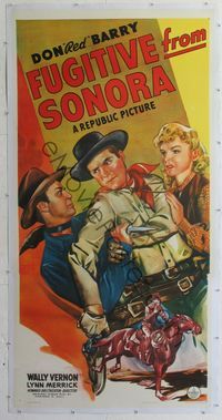 4r082 FUGITIVE FROM SONORA linen 3sh '43 art of Red Barry protecting Lynn Merrick from bad guy!
