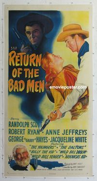 4r102 RETURN OF THE BAD MEN linen 3sh '48 art of Randolph Scott, Robert Ryan, Anne Jeffreys & Gabby!