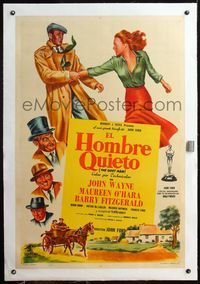 4r382 QUIET MAN linen Argentinean '51 art of John Wayne grabbing Maureen O'Hara's arm, John Ford