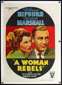 4r133 WOMAN REBELS linen Aust 1sh '36 great stone litho c/u of Katharine Hepburn & Herbert Marshall!