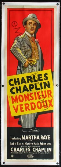 4r128 MONSIEUR VERDOUX linen English door panel '47 art of Charlie Chaplin as gentleman Bluebeard!