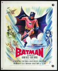 4r235 BATMAN linen French 18x22 '66 DC Comics, cool art of Adam West & villains by Boris Grinsson!
