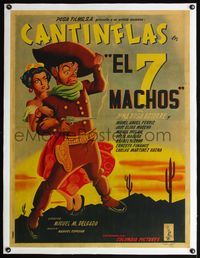 4r394 EL 7 MACHOS linen Mexican poster '50 art of wacky cowboy Cantinflas with sexy senorita!