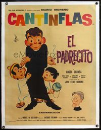 4r403 LITTLE PRIEST linen Mexican poster '64 art of priest Cantinflas hiding cigarette from kids!