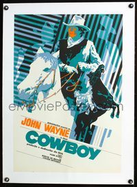 4r171 COWBOYS linen Romanian '73 great different deco art of big John Wayne on horseback by Costa!