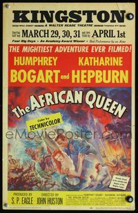 4s026 AFRICAN QUEEN WC '52 colorful montage artwork of Humphrey Bogart & Katharine Hepburn!