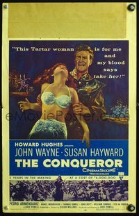 4s076 CONQUEROR WC '56 tough John Wayne grabs half-dressed sexy Susan Hayward!