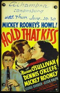 4s154 HOLD THAT KISS WC '38 Mickey Rooney plays clarinet, Maureen O'Sullivan kisses Dennis O'Keefe