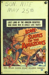 4s211 LOVE-SLAVES OF THE AMAZONS WC '57 art of sexy barely-dressed female native throwing spear!
