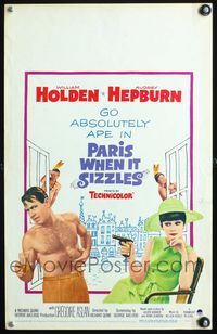 4s269 PARIS WHEN IT SIZZLES WC '64 Audrey Hepburn with gun & barechested William Holden in France!