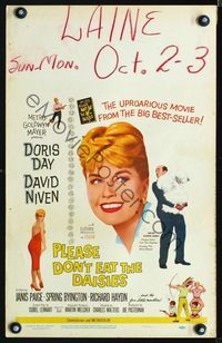 4s273 PLEASE DON'T EAT THE DAISIES WC '60 artwork of pretty smiling Doris Day, David Niven w/dog!