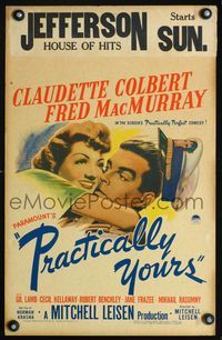 4s276 PRACTICALLY YOURS WC '44 art of Claudette Colbert hugging Air Force pilot Fred MacMurray!