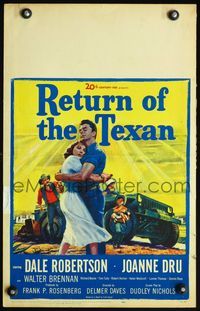 4s295 RETURN OF THE TEXAN WC '52 art of Dale Robertson holding Joanne Dru by military jeep!