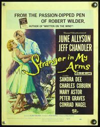 4s338 STRANGER IN MY ARMS WC '59 art of Jeff Chandler embracing widow June Allyson!