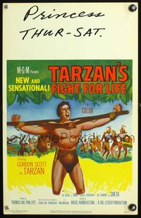 4s353 TARZAN'S FIGHT FOR LIFE WC '58 close up art of Gordon Scott bound with arms outstretched!