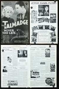 4t667 NEVER TOO LATE pressbook '35 artwork of Richard Talmadge, pretty Thelma White!