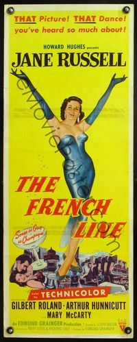 4w181 FRENCH LINE insert '54 2-D, Howard Hughes, art of sexy Jane Russell with arms outstretched!