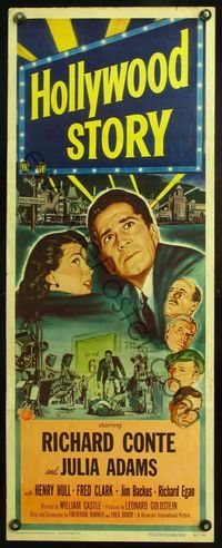 4w230 HOLLYWOOD STORY insert '51 art of Richard Conte & Julie Adams, directed by William Castle!
