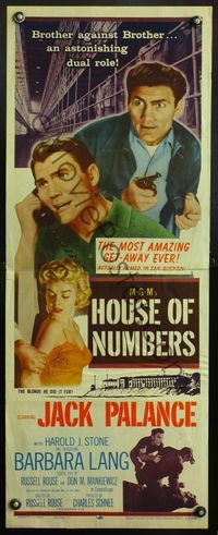 4w238 HOUSE OF NUMBERS insert '57 two Jack Palances, sexy Barbara Lang, most amazing get-away ever!