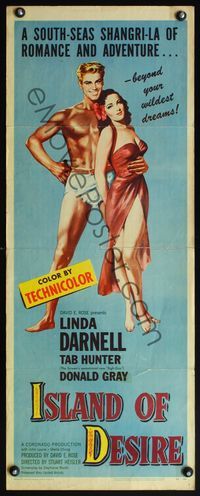 4w263 ISLAND OF DESIRE insert '52 full-length art of sexy Linda Darnell & barechested Tab Hunter!