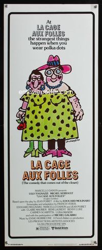 4w286 LA CAGE AUX FOLLES insert '79 Ugo Tognazzi, great wacky cross-dressing art by Lou Myers!