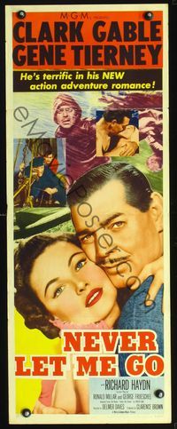 4w365 NEVER LET ME GO insert '53 romantic close up artwork of Clark Gable & sexy Gene Tierney!