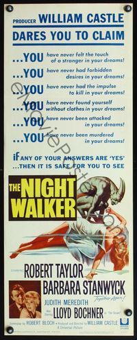 4w368 NIGHT WALKER insert '65 William Castle, Robert Taylor, Barbara Stanwyck, Reynold Brown art!