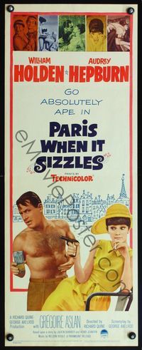 4w398 PARIS WHEN IT SIZZLES insert '64 Audrey Hepburn w/gun & barechested William Holden in France!