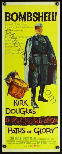 4w405 PATHS OF GLORY insert '58 Stanley Kubrick, great artwork of Kirk Douglas in WWI!