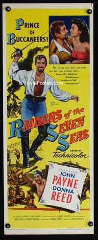 4w453 RAIDERS OF THE SEVEN SEAS insert '53 suave pirate John Payne romances sexy Donna Reed!