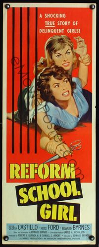 4w461 REFORM SCHOOL GIRL insert '57 classic AIP bad girl catfight behind bars artwork!