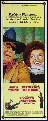 4w490 ROOSTER COGBURN insert '75 great art of John Wayne with eyepatch & Katharine Hepburn!
