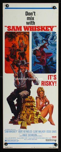 4w499 SAM WHISKEY insert '69 art of Burt Reynolds & sexy Angie Dickinson by huge pile of gold!