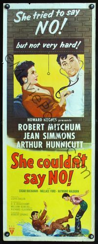 4w526 SHE COULDN'T SAY NO insert '54 wacky doctor Robert Mitchum, sexy Jean Simmons!