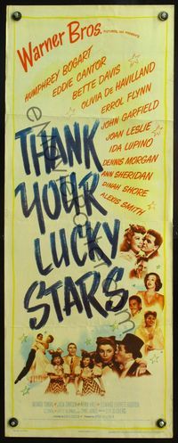4w653 THANK YOUR LUCKY STARS insert '43 Errol Flynn, Humphrey Bogart, Bette Davis & more pictured!