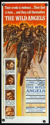 4w731 WILD ANGELS insert '66 art of biker Peter Fonda & sexy Nancy Sinatra on motorcycle!
