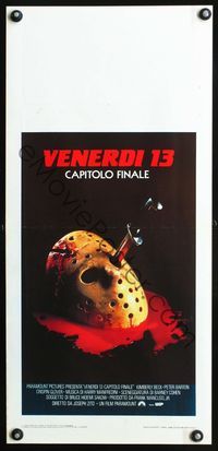 4w821 FRIDAY THE 13th 4 Italian locandina '84 slasher sequel, image of Jason's hockey mask w/knife!