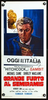 4w825 GAMBIT Italian locandina '67 different Piovano art of Michael Caine w/pistol!