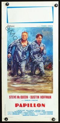 4w909 PAPILLON Italian locandina R1970s great art of Steve McQueen & Dustin Hoffman as escaped cons!