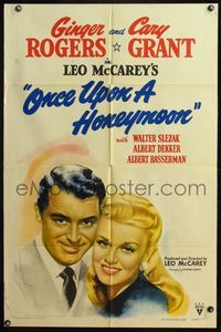 4x727 ONCE UPON A HONEYMOON 1sh '42 wonderful smiling portrait of Ginger Rogers & Cary Grant!